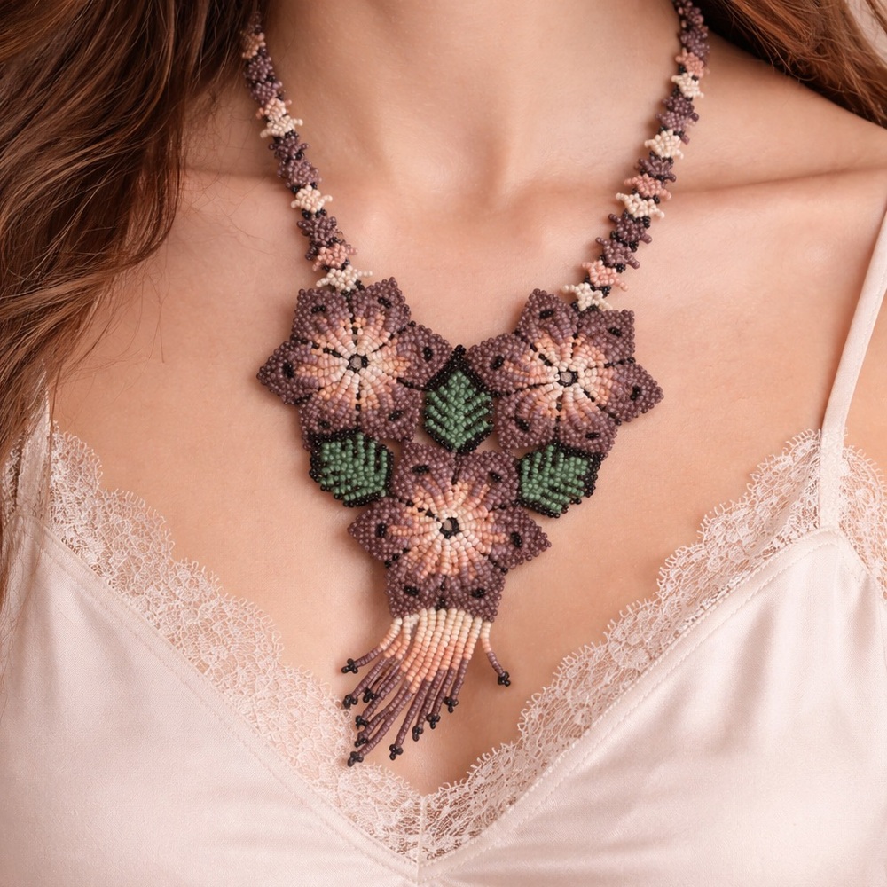 Handmade Beaded Floral Statement Necklace Mauve Pink Green Artisan Jewelry